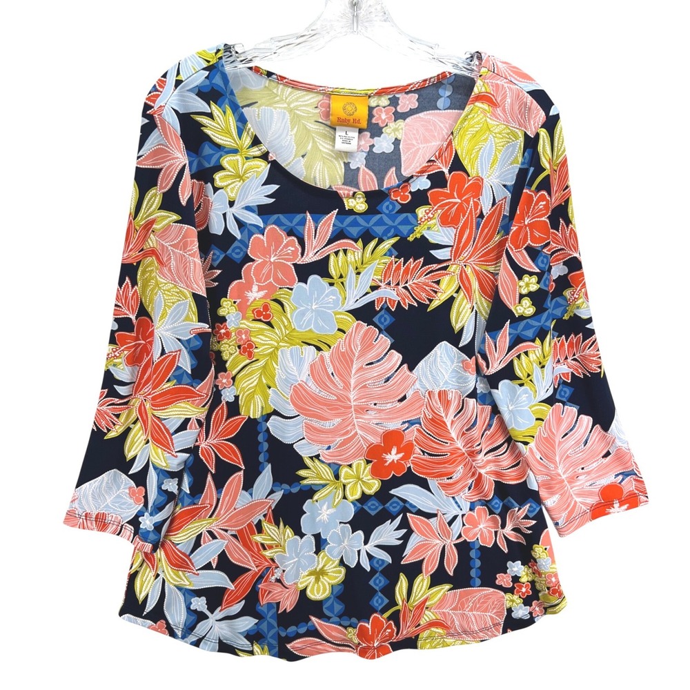 Ruby Rd Womens Large Tropical Floral 3/4 Sleeve Knit Top Navy Blue Coral Lime